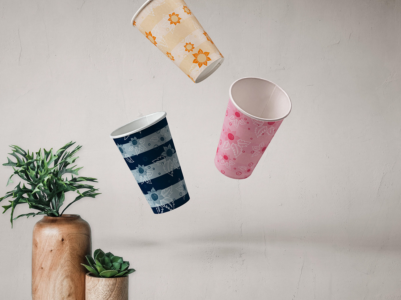 paper hot cups mock-up, abstract floral allover prints, abstract floral horizontal stripe pattern