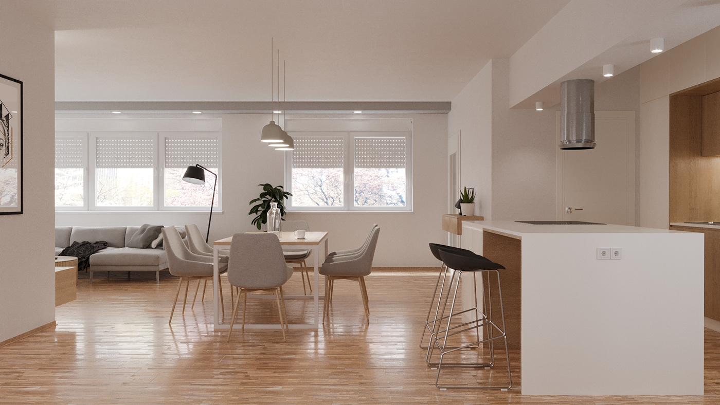 3D Visualization apartment interior design  Porada white wood wood