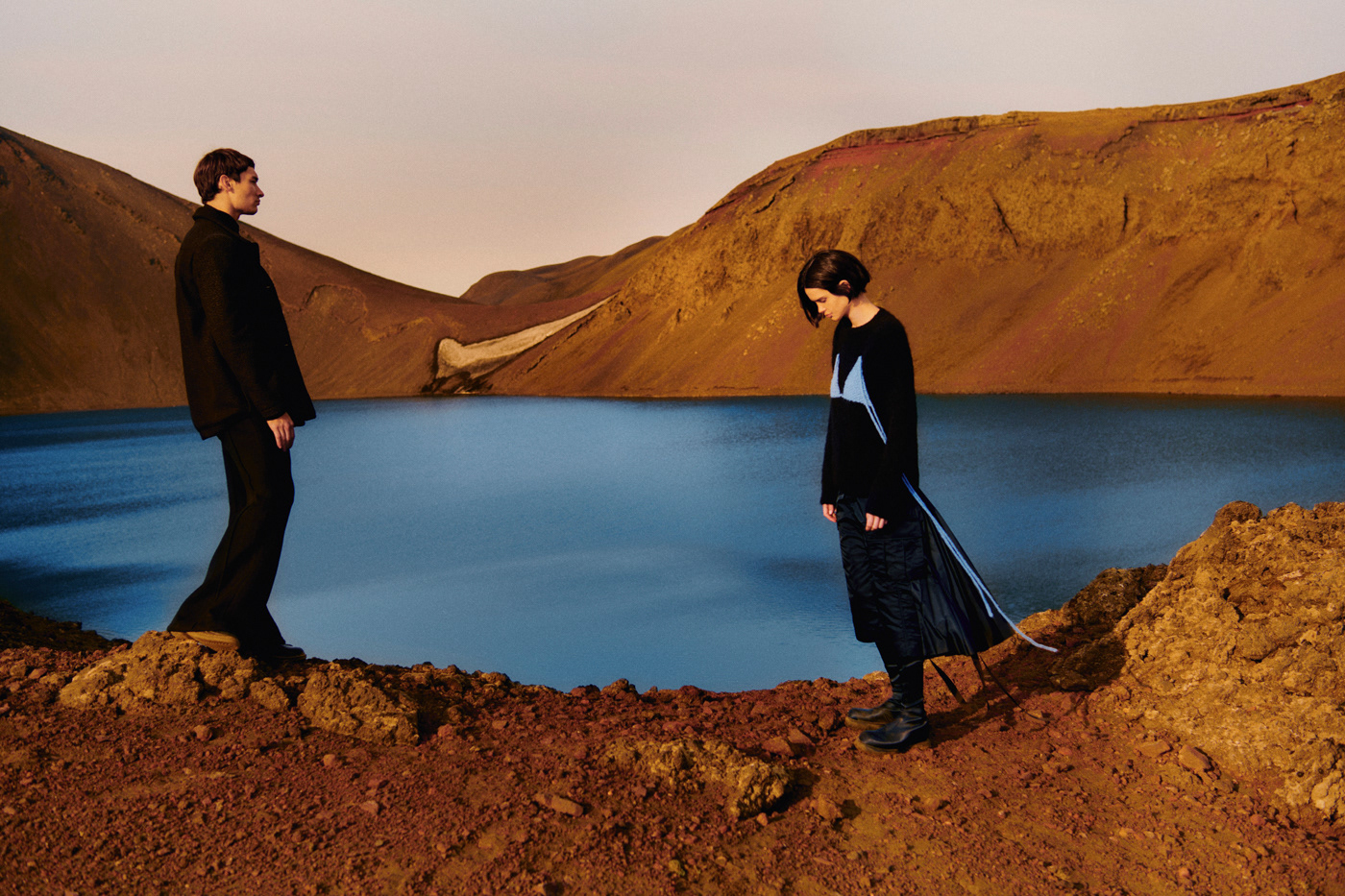 vogue iceland couple Fashion  Film   Landscape cold Dynamic motion styling 
