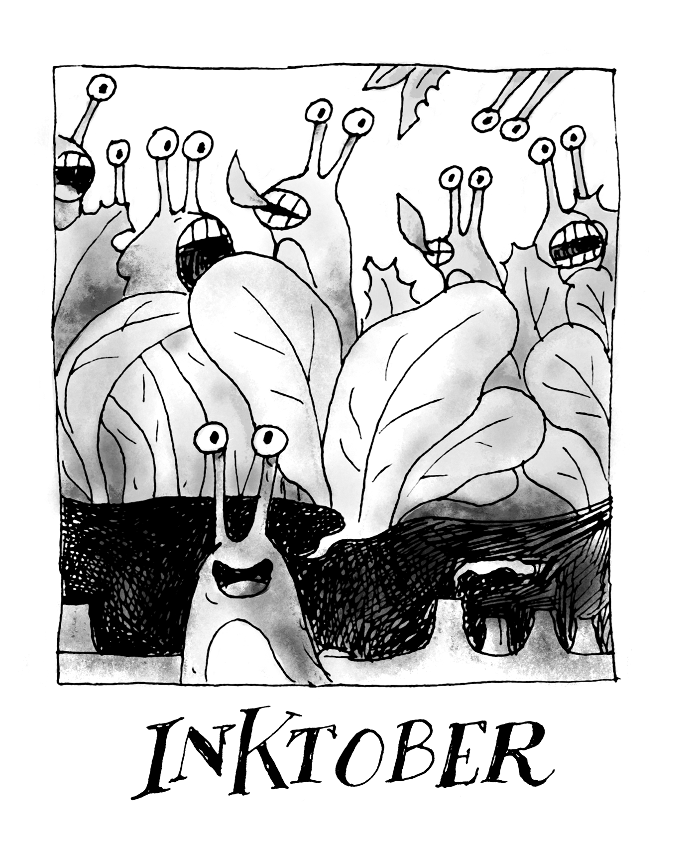 inktober ink black and white slugs cartoon