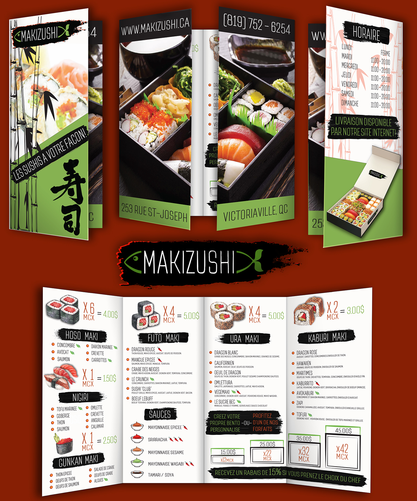 Sushi bento pamphlet menu delivery takeout maki restaurant shop japanese