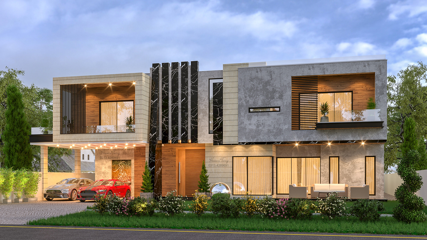 modern house design front elevation design modern elevation archirecture contemporary evening view 3D Renering modern architecture exterior house design ideas
