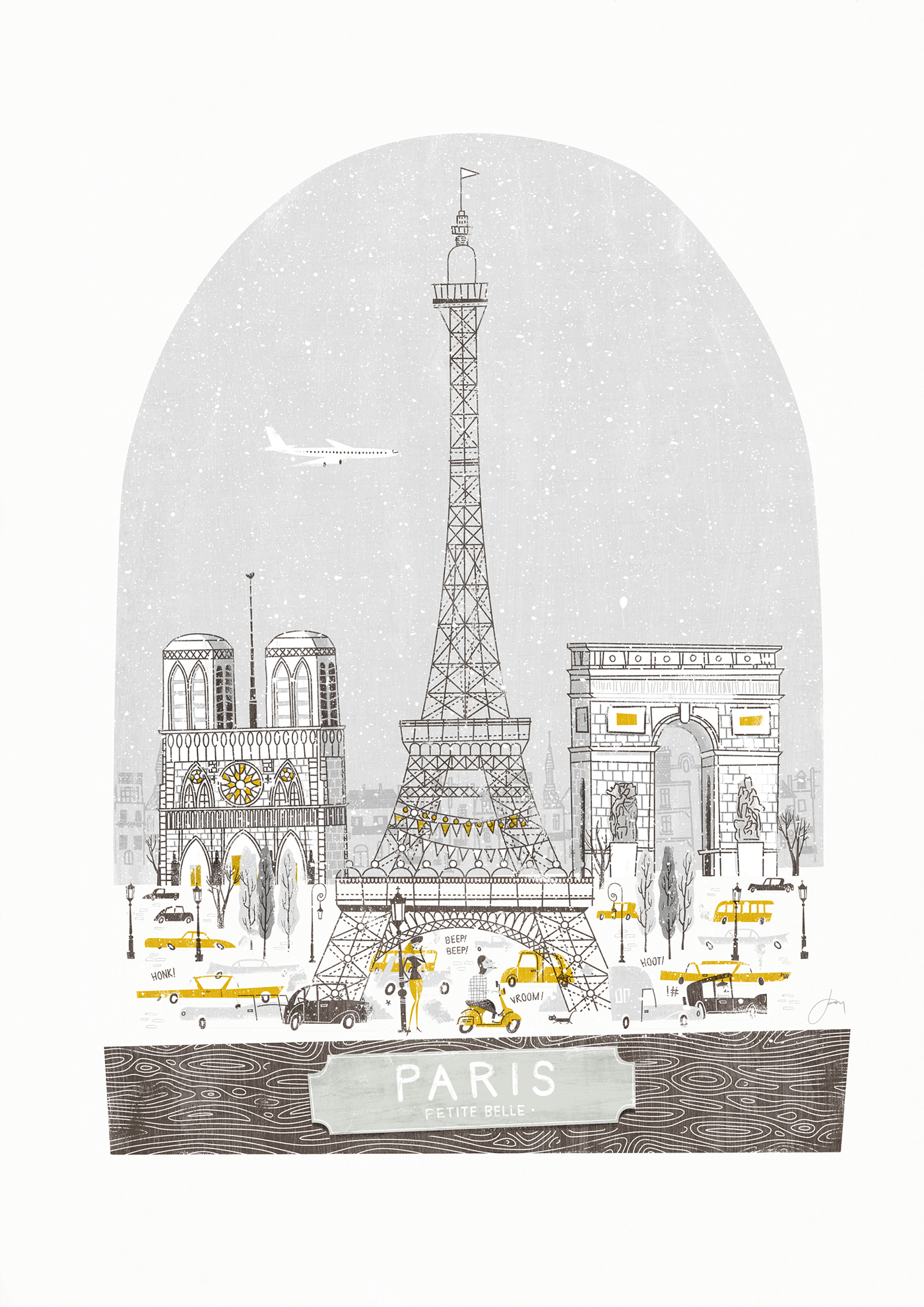 Illustrated poster featuring the French capital Paris and Parisian lifestyle in 1950s style art.