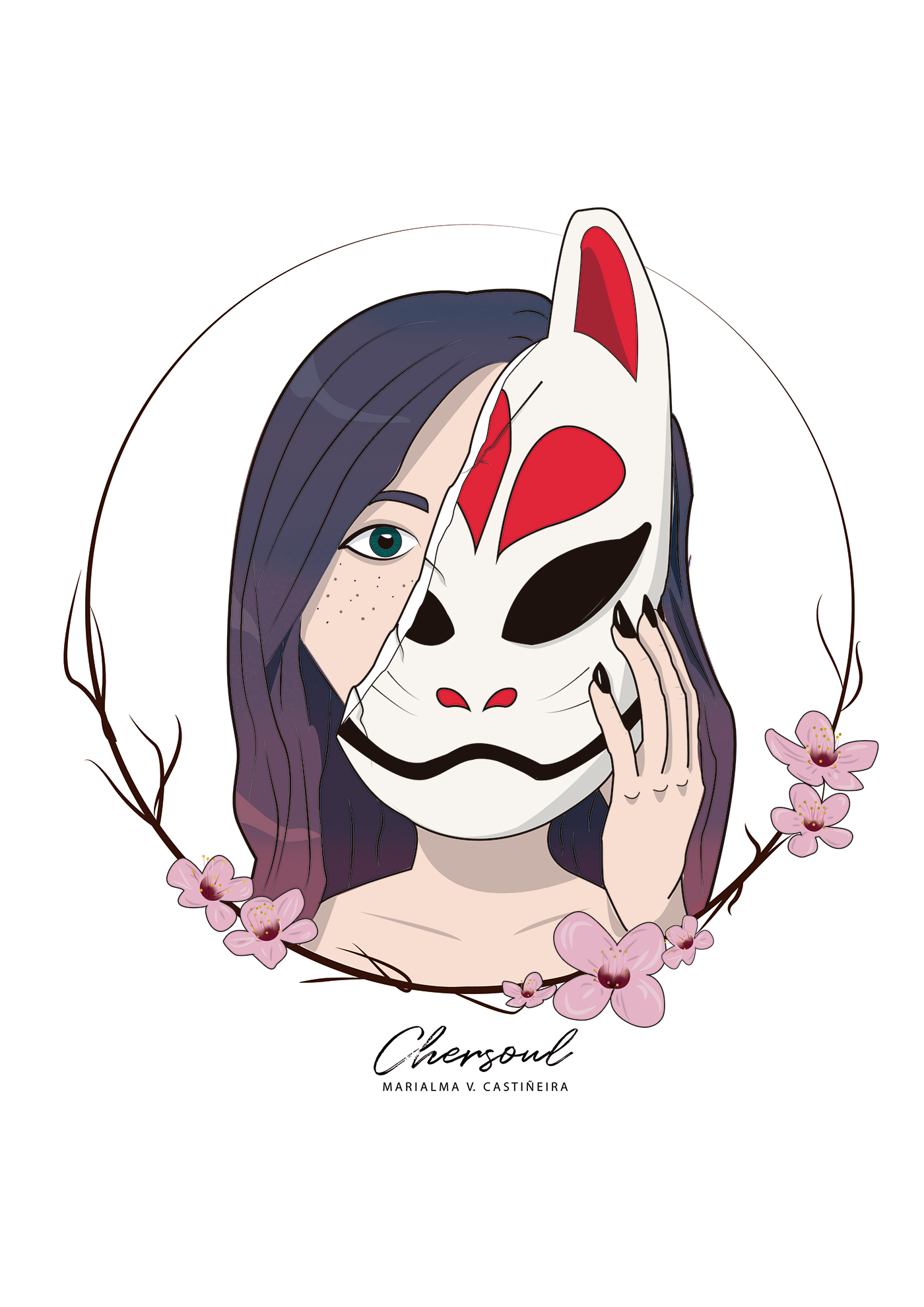 Vectorial kitsune FOX girl cards japan mask Character