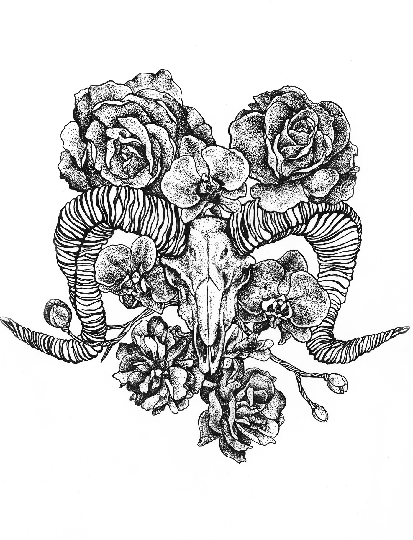 skull,print,tee,t-shirt,tattoo,design,Flowers,Roses,orchid,black,grey,Hong ...