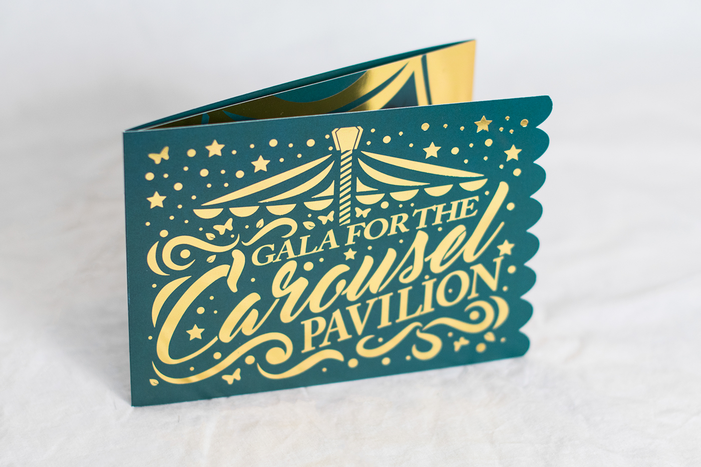 gold foil typography   gold ink metallic ink carousel Invitation die-cut