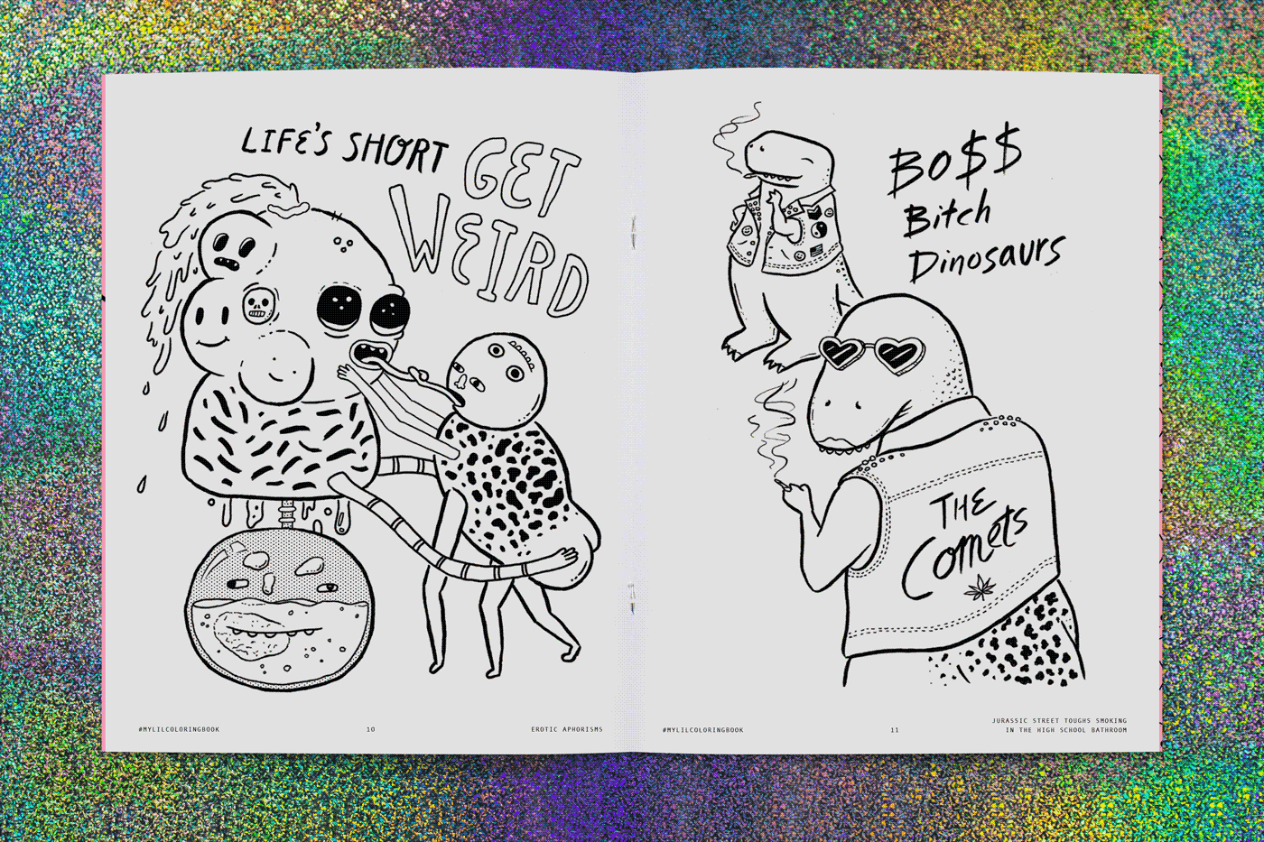 coloring book monsters Jean Jackets  patches crayons Fun Zine  ink Pizza whataburger Denim