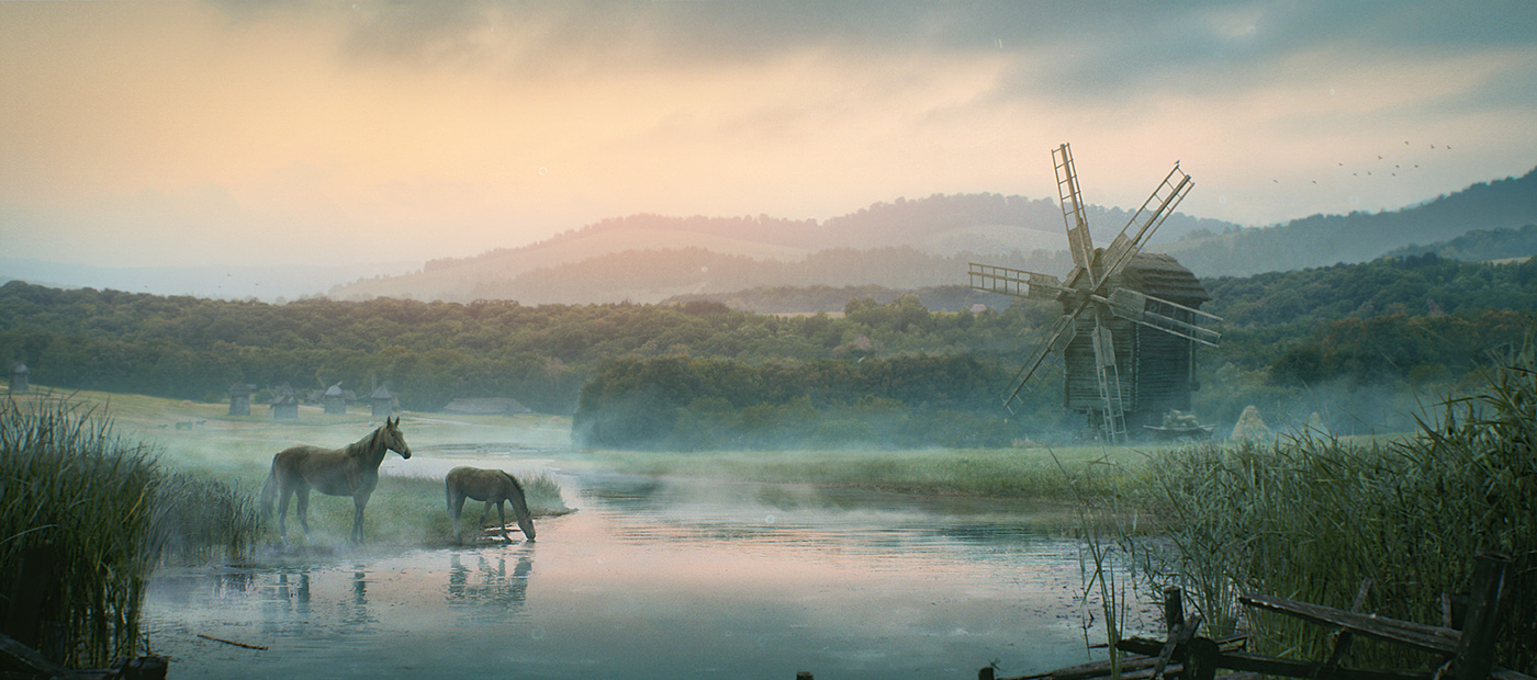 ukraine Landscape environment MORNING fog meadow horse horses Matte Painting reed Sunrise windmill river vavs mountains
