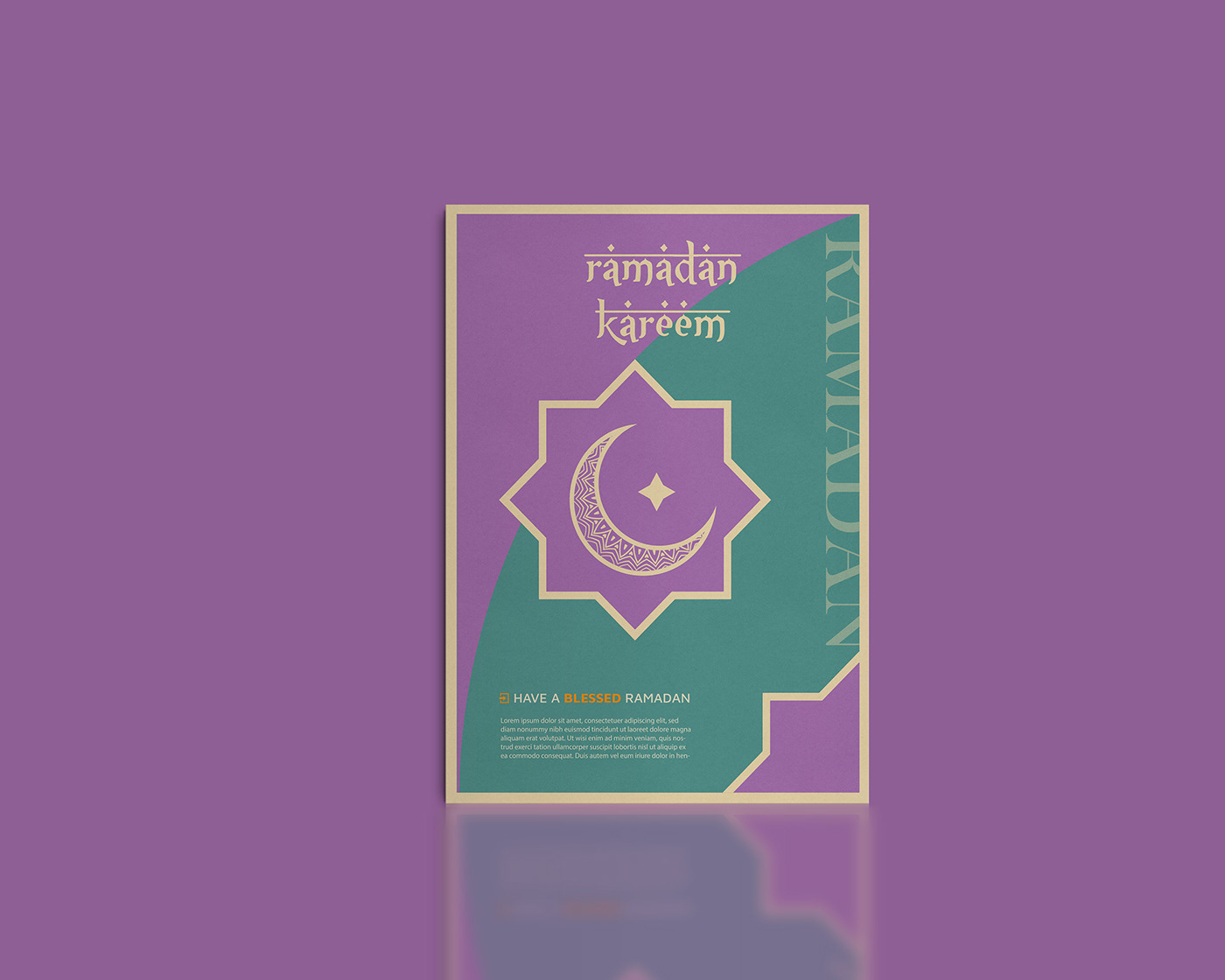 A stylized Ramadan greeting card design featuring a purple background