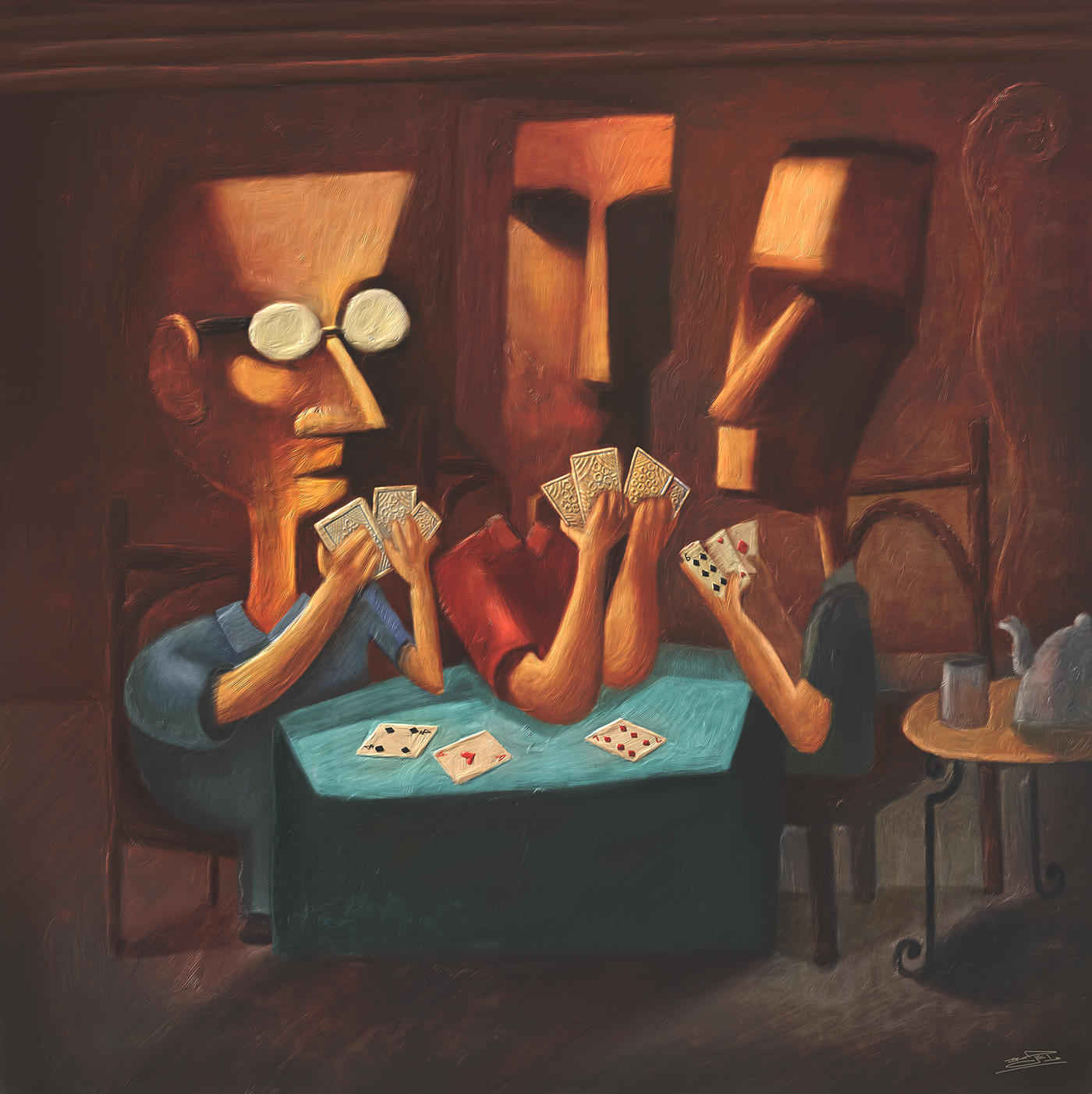 cards Players table pot tea smoke light men Old men cup