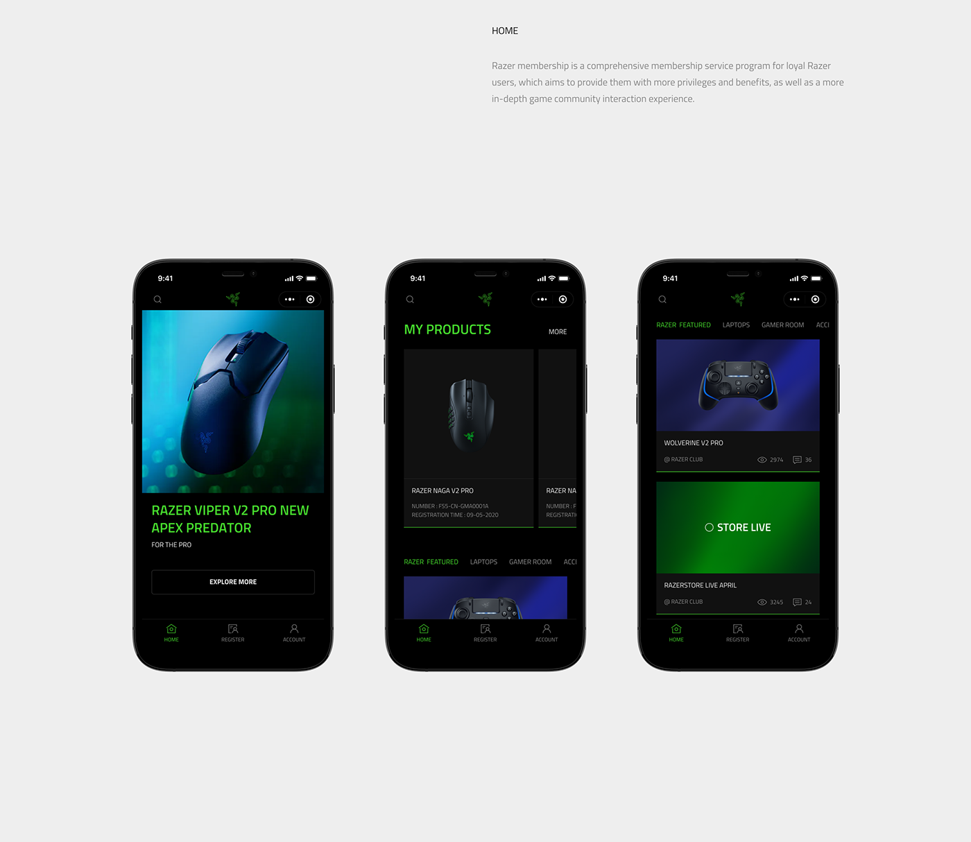 razer Gamer Gaming Mobile app UI/UX ui design user experience minimal modern