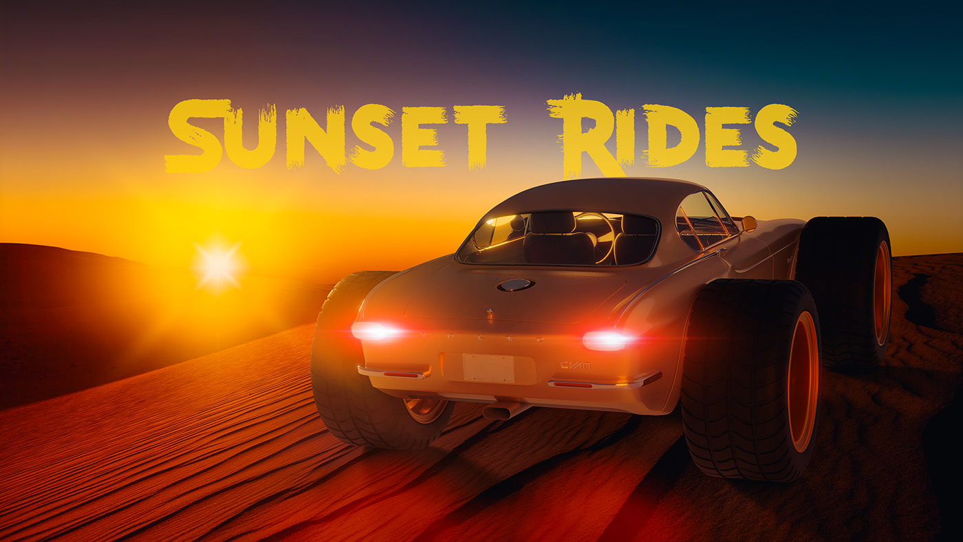 Vehicle 3D blender artwork desert sunset Poster Design car fantasy
