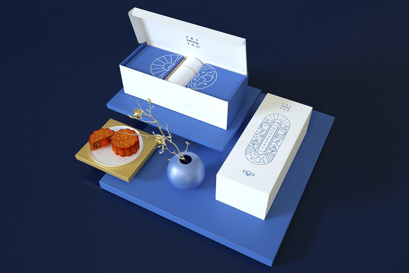 Packaging 3d visual concept mid-autumn tet trung thu ILLUSTRATION  line art mooncake package vietnam