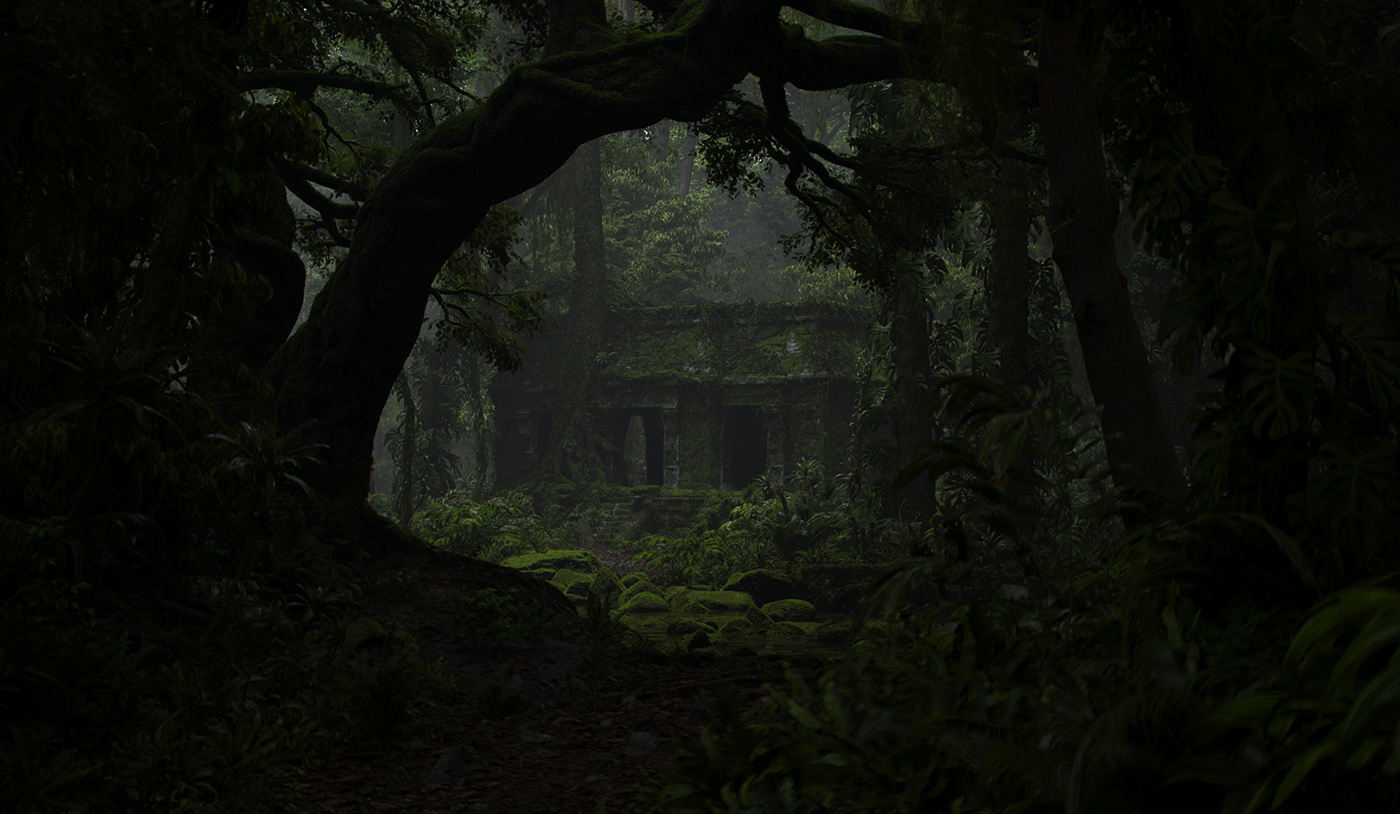 3D CGI fog gloom jungle mayan SpeedTree temple vegetation vfx