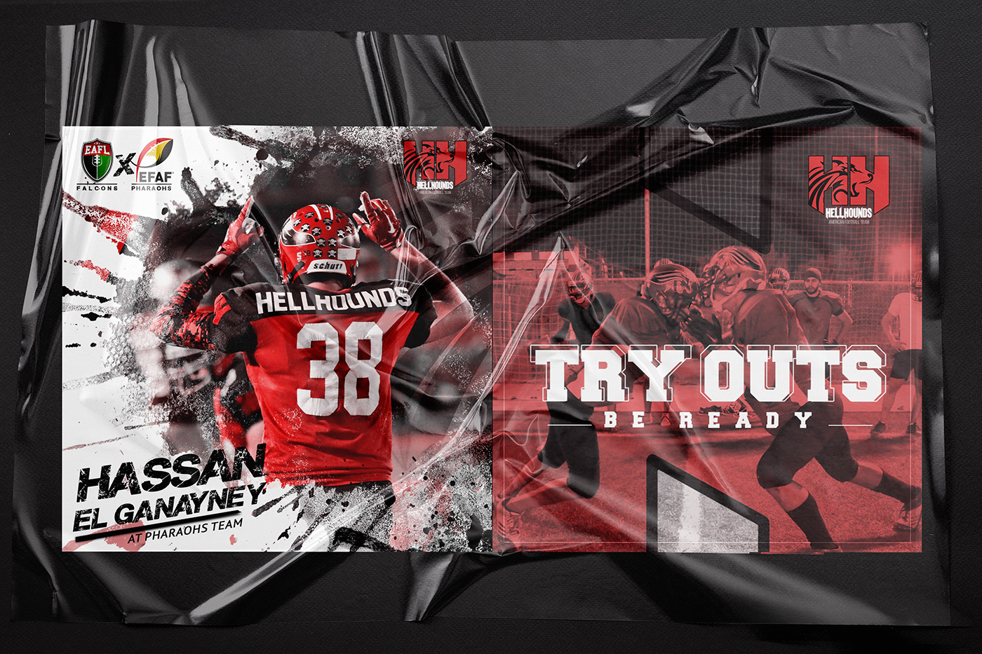 Advertising  americanfootball animation  campaign graphicdesign hellhounds posters red retouching  Socialmedia
