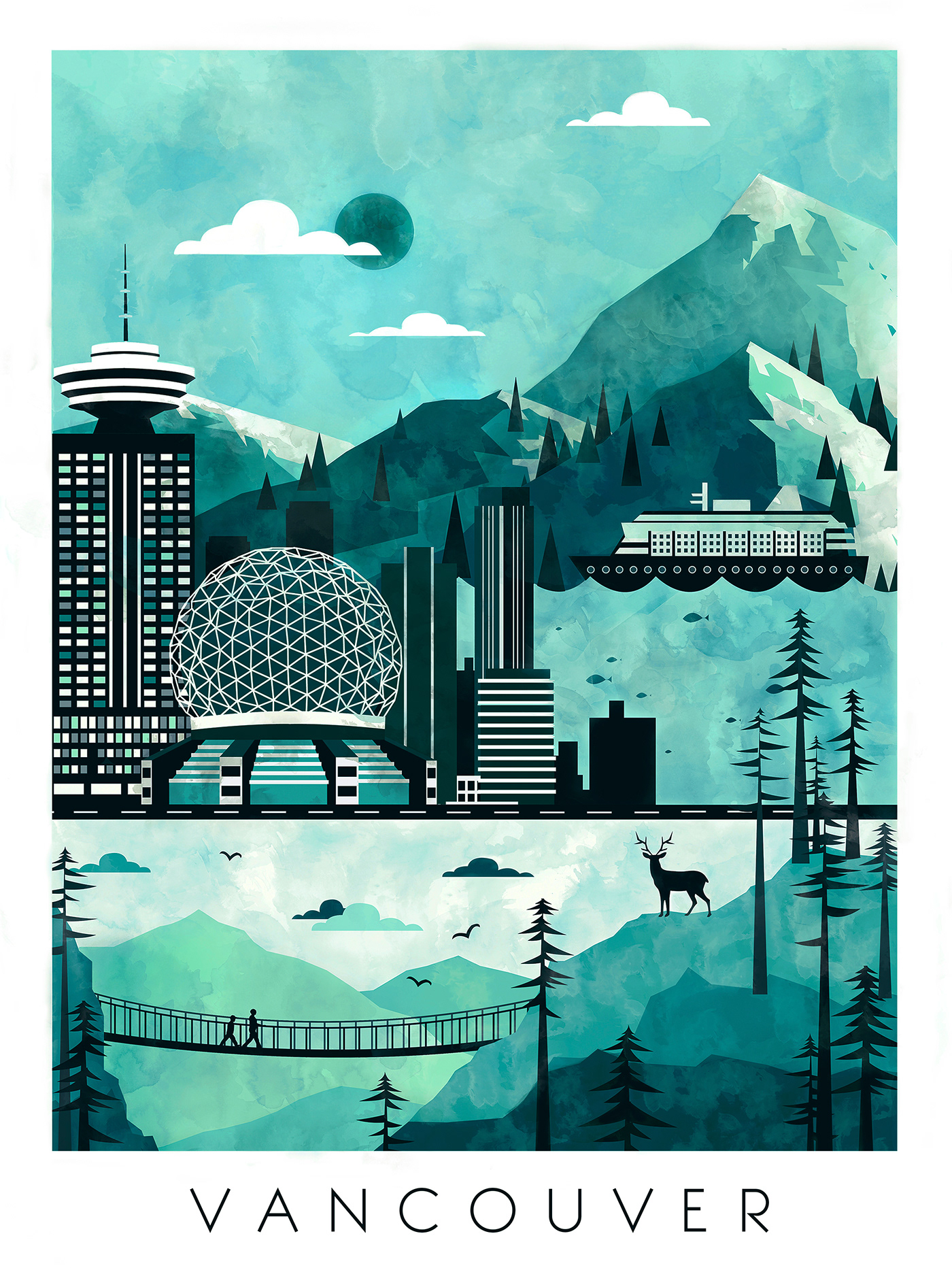 vancouver watercolor travel poster vector art