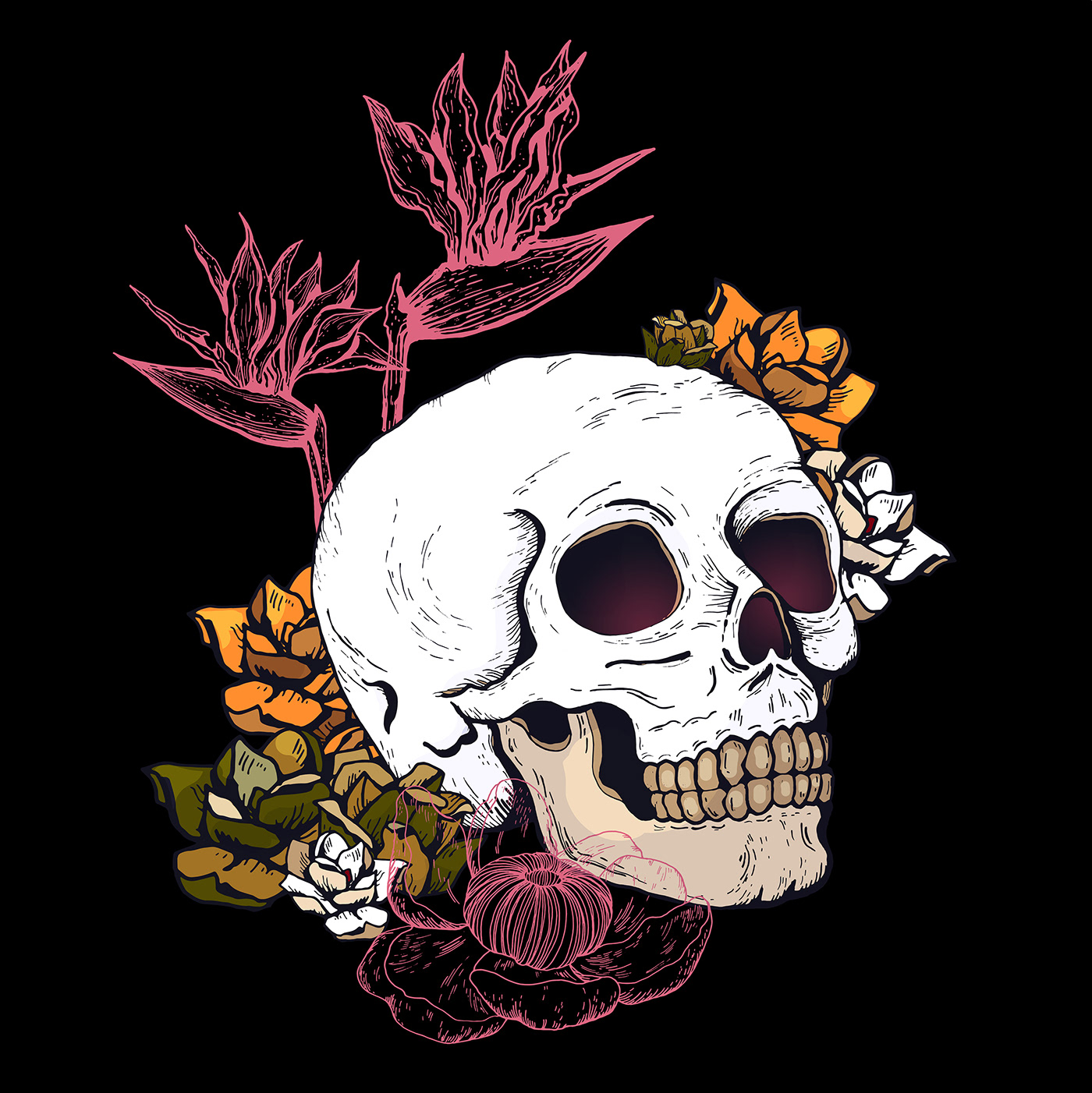 skull bird flower ILLUSTRATION  ink tattoo dark patern loriniart bone