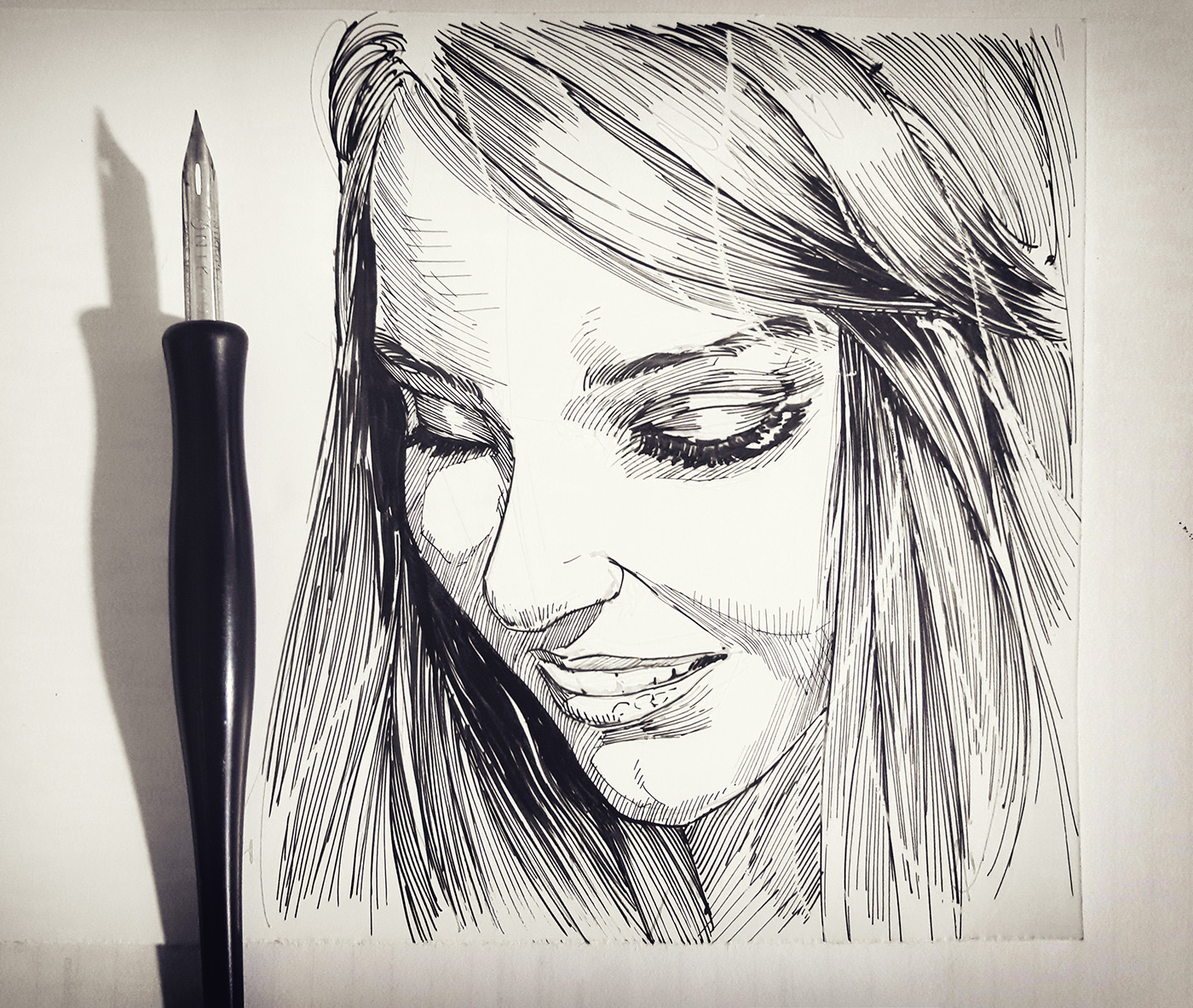 traditional ink pen penbrush Pentel Bicpen nibs portrait girl portraitgirl