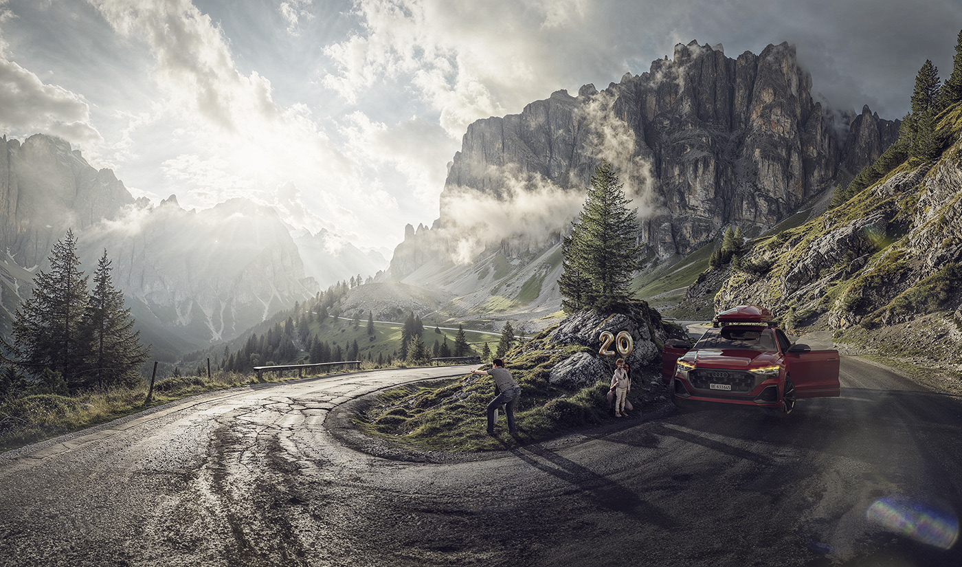Landscape alps dolomites Porsche car Advertising  rendering CGI Digital Art  ai