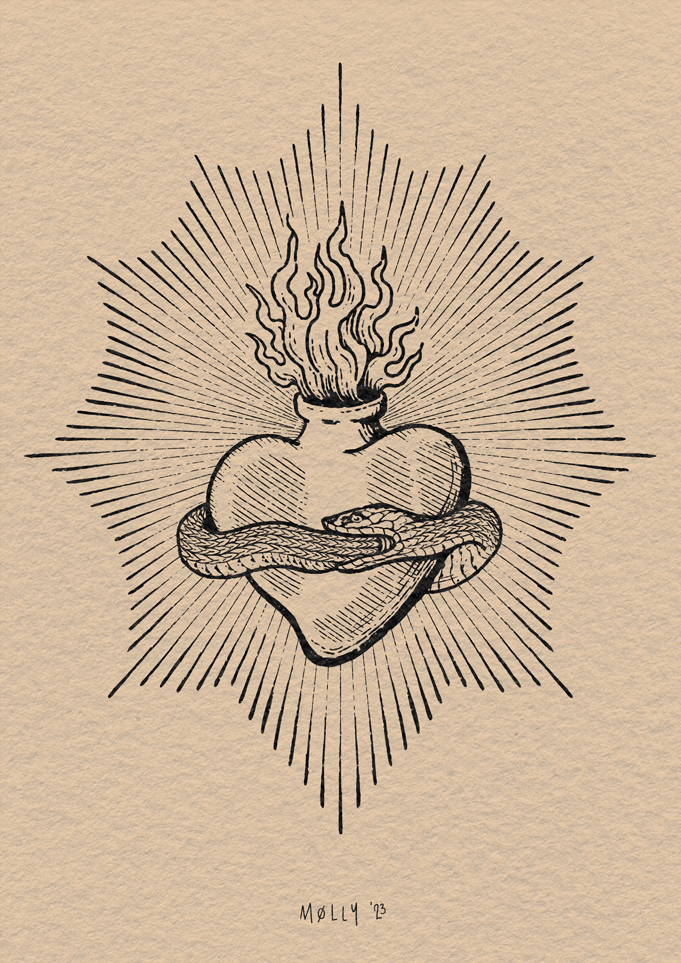 acquaforte engraving etching fire heart sacred heart serpent Tattoo Art tattoo design tattoos