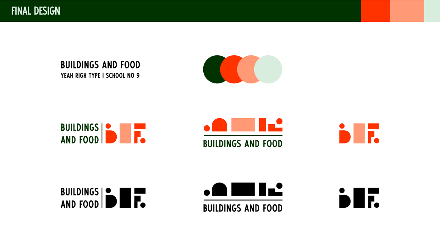 buildings and food, final fonts, colors, mark, logo lock ups in full color and 1 color black