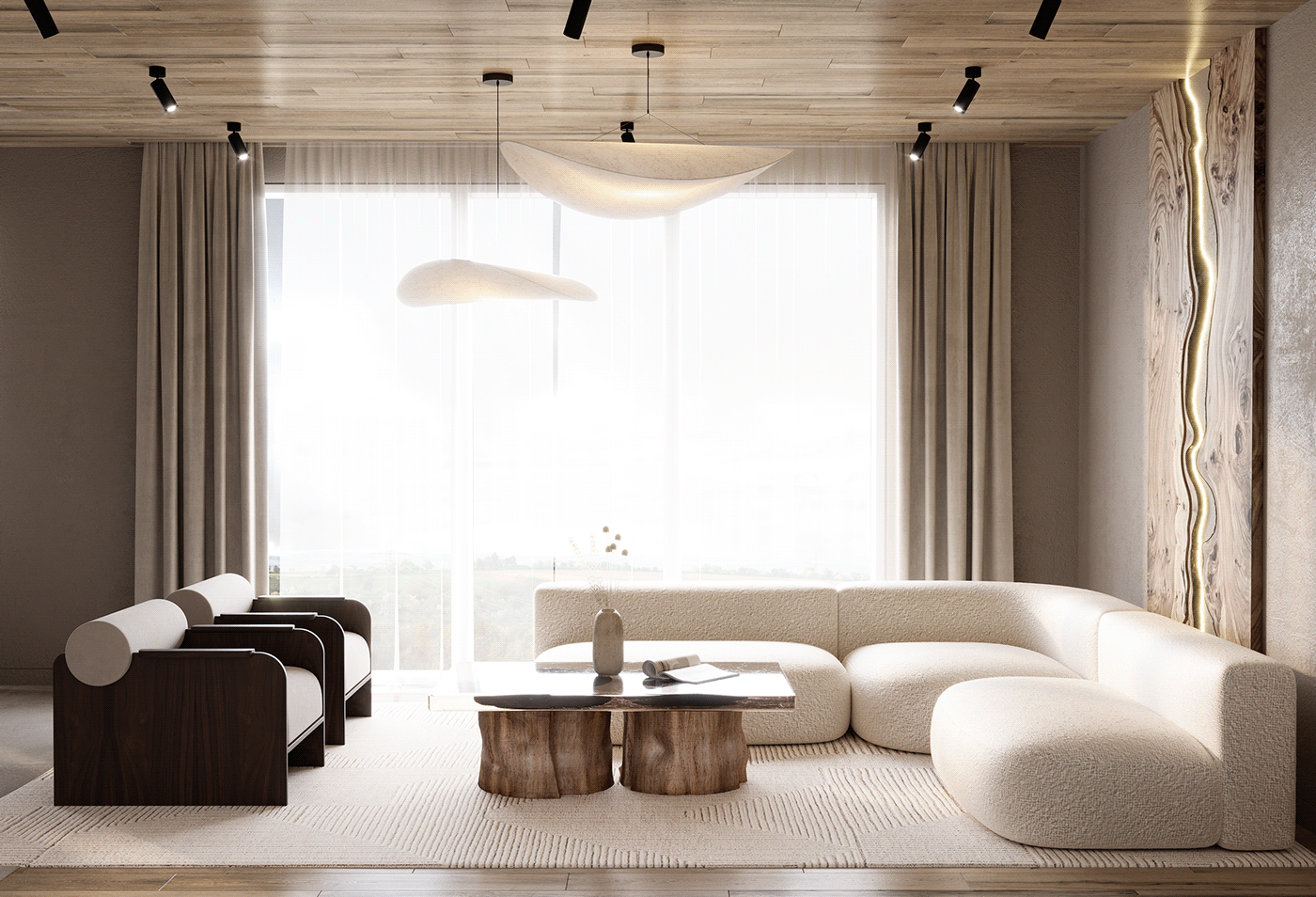 3ds max corona interior design  Japandi kitchen living room Render visualization wood