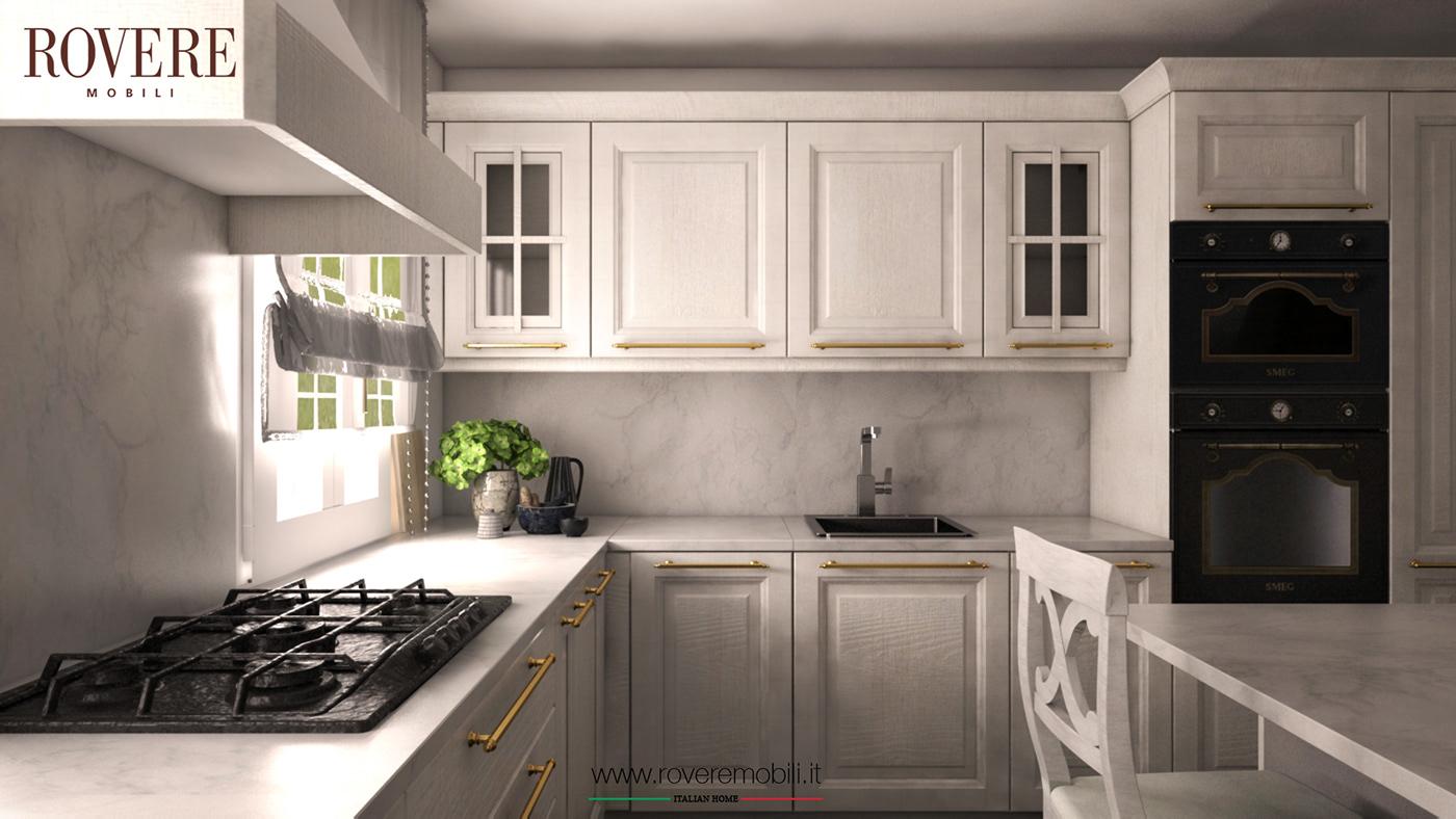 Project kitchen Render 3dsmax White Classic gold rendering Cucina italian design Interior