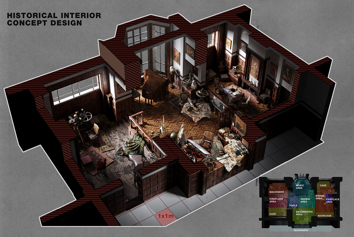Environment Concept art blueprint and scheme of 19th century interior for rpg game