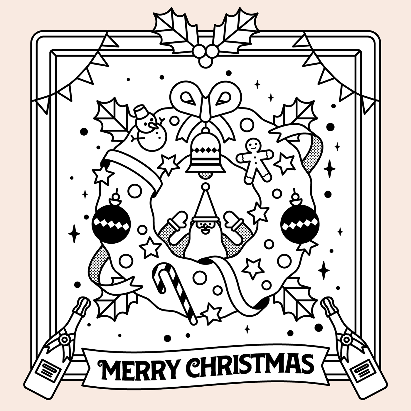 J-EIGHT Christmas line illustration flat design X-MAS WREATH ILLUSTRATION  x-mas christmas illustration Santa Claus