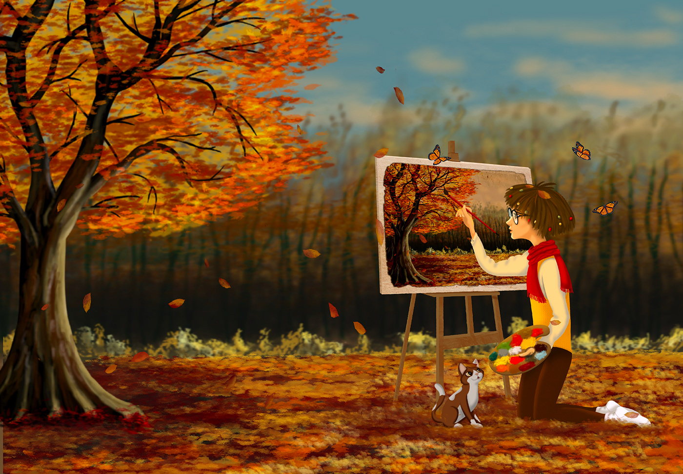 autumn Nature Landscape forest trees girl woman Cat animal SKY