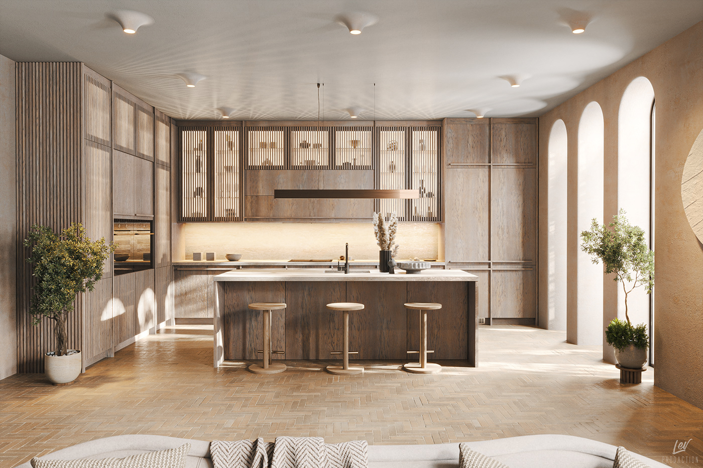 modern kitchen visualization design oak Floor Tiles japanese style Kitchen island arched windows Interior Travertine