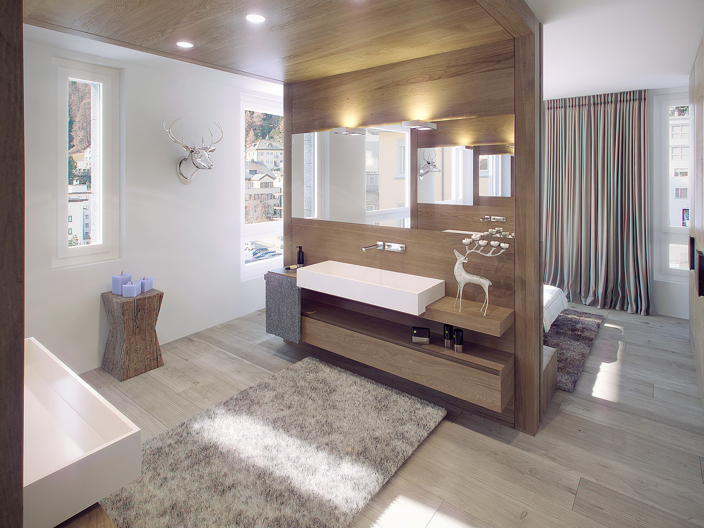 3D CGI visual warm St. Moritz apartments highclass expensive wood graphics