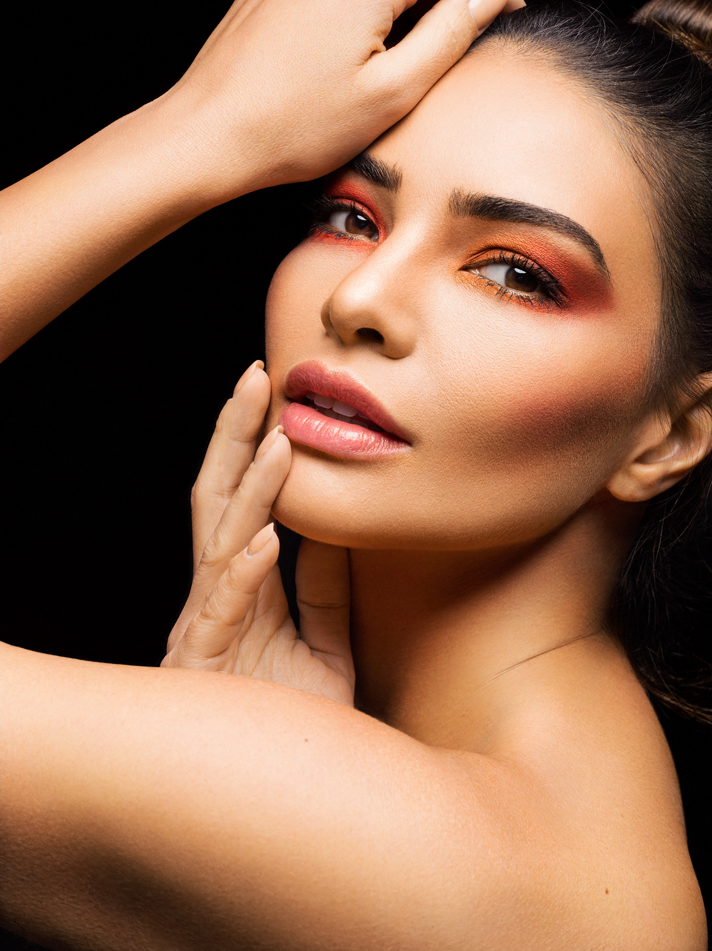 Photography  beauty model warm gold makeup editorial magazine close up