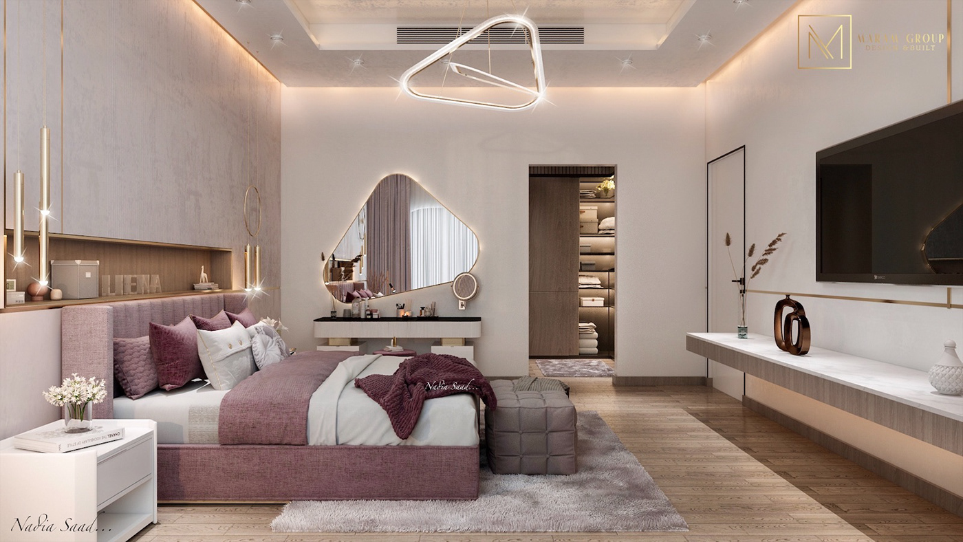 3dmax architecture bedroom design Girl bedroom Interior lighting Maram Group modern nadia saad pink bedroom