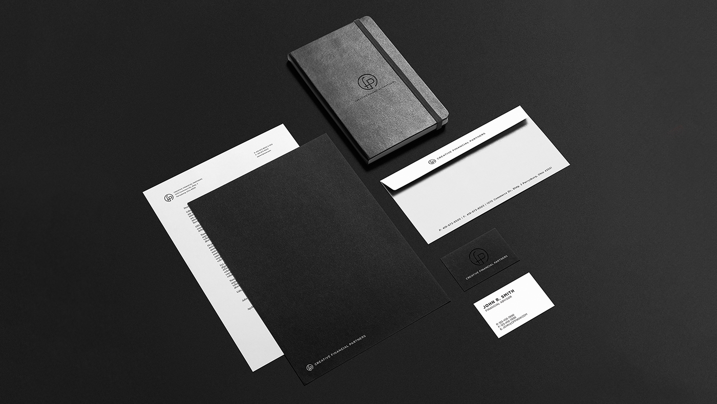 print business card letterhead Stationery logo Brand System financial Investment banking black White accent foil folder