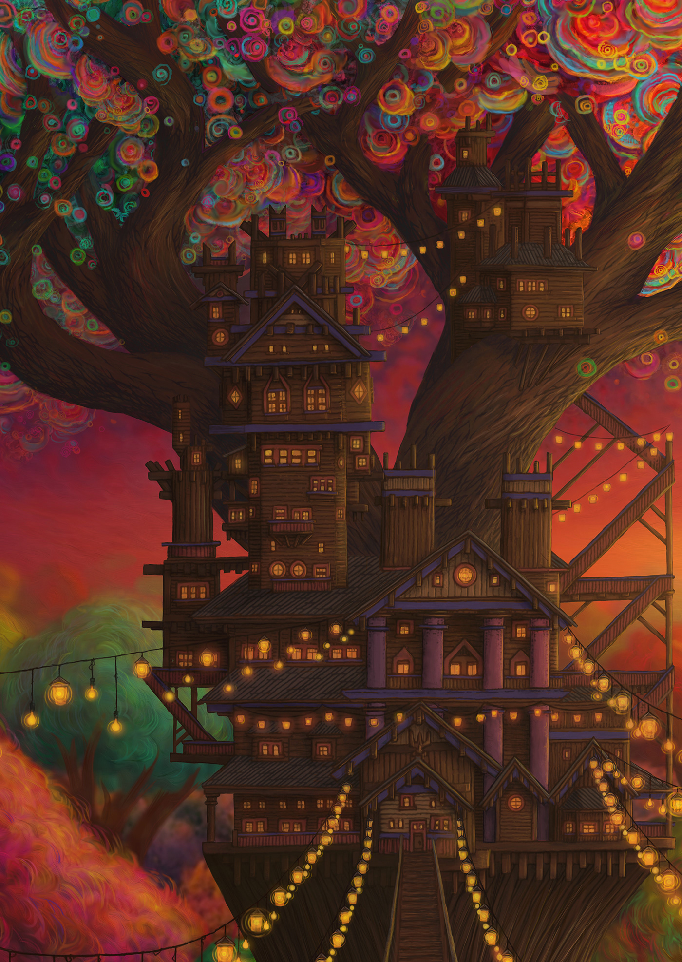 Castle colorful Colourful  forest grand lanterns lights sunset Treehouse