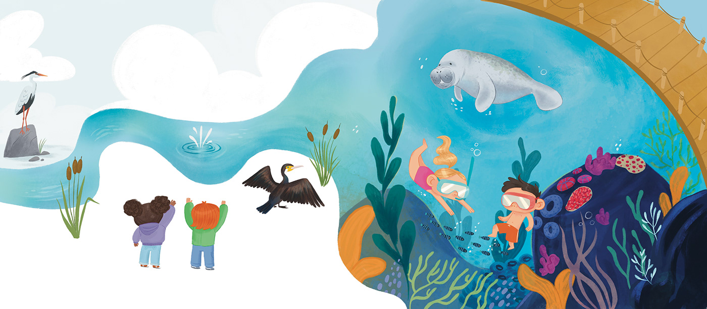 Picture book childrens illustration nature illustration under the sea ocean illustration kid literature Storybook art manatees