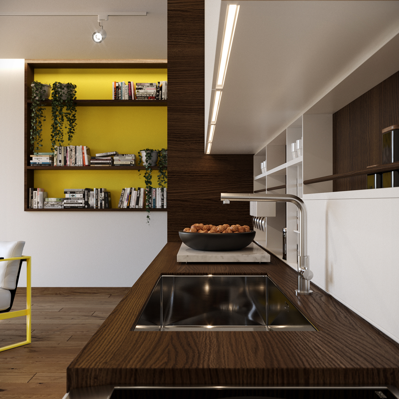 interior design  modern living room kithen  3d Visualisation corona render  yellow wood