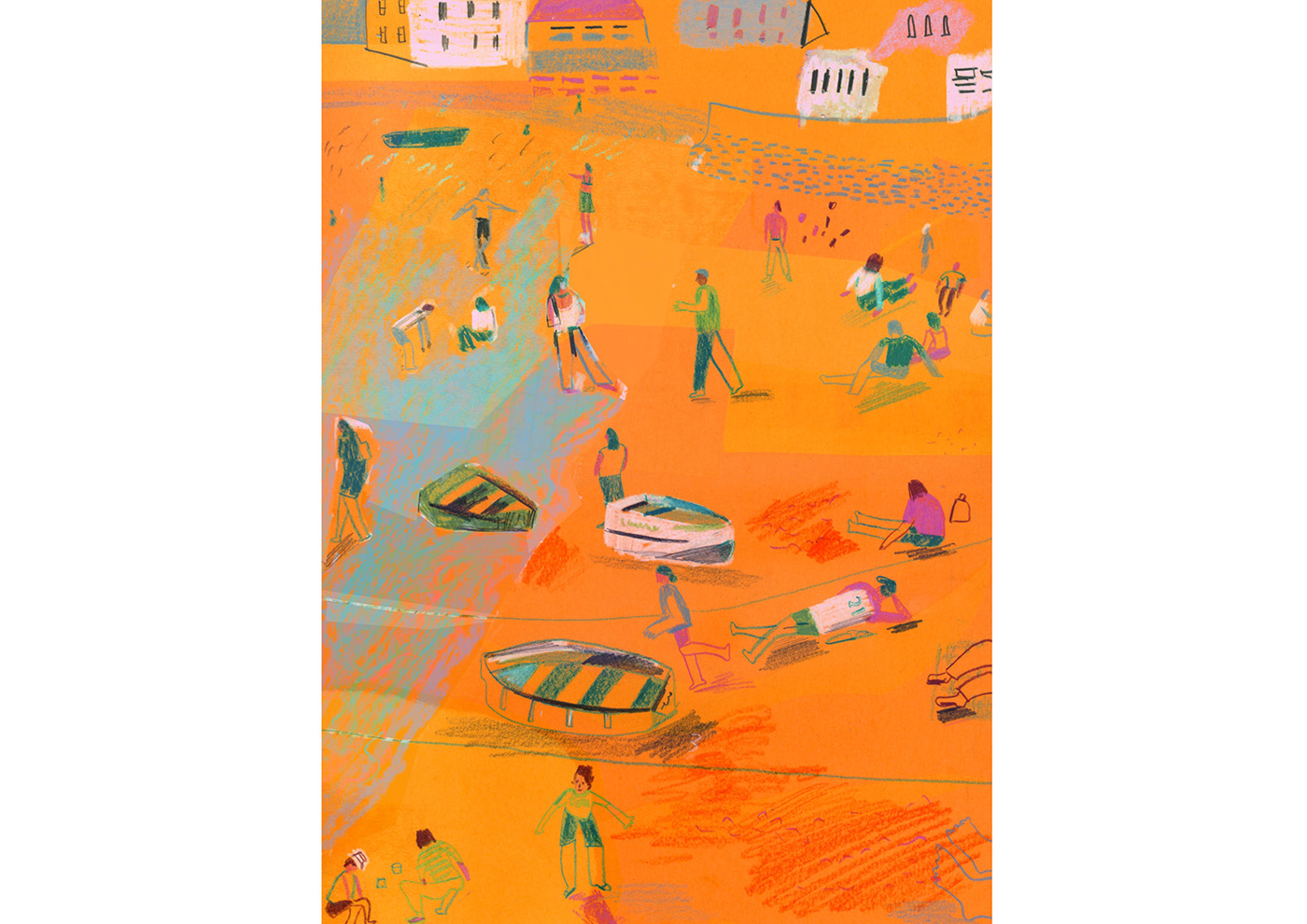 Drawing  people collage reportage observation beach colour