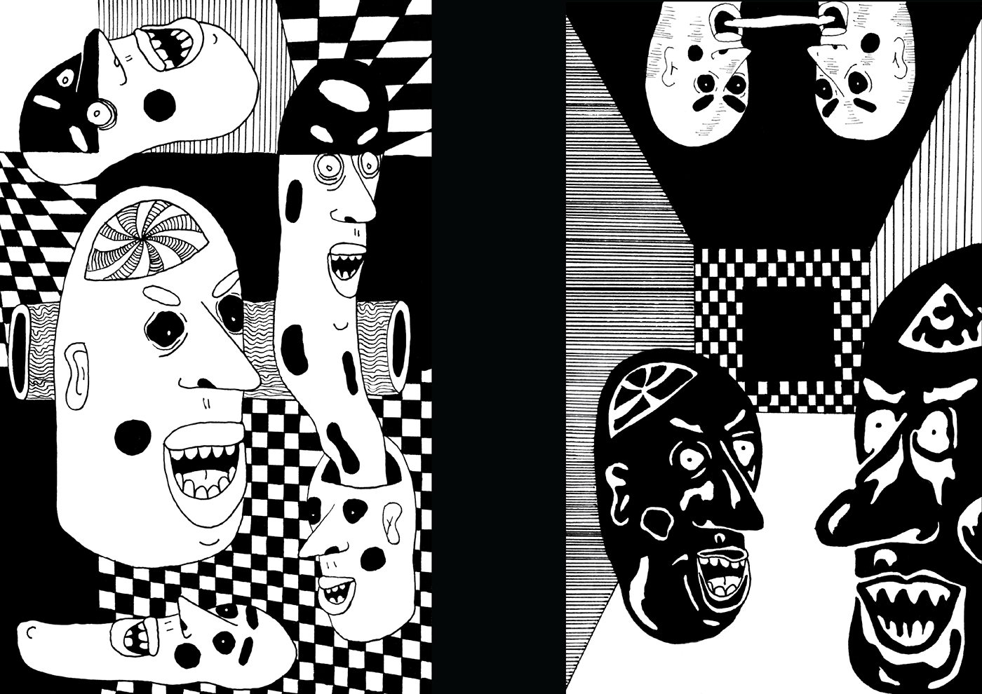 Character design  checkerboard pattern Drawing  ILLUSTRATION  Illustration Style monochrome illustration psychedelic surreal trippy weird illustration 