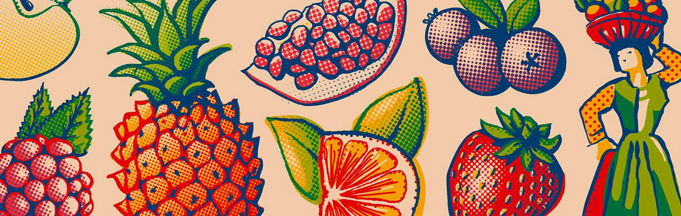 ILLUSTRATION  Fruit halftones Food  juice pack design beverage packaging