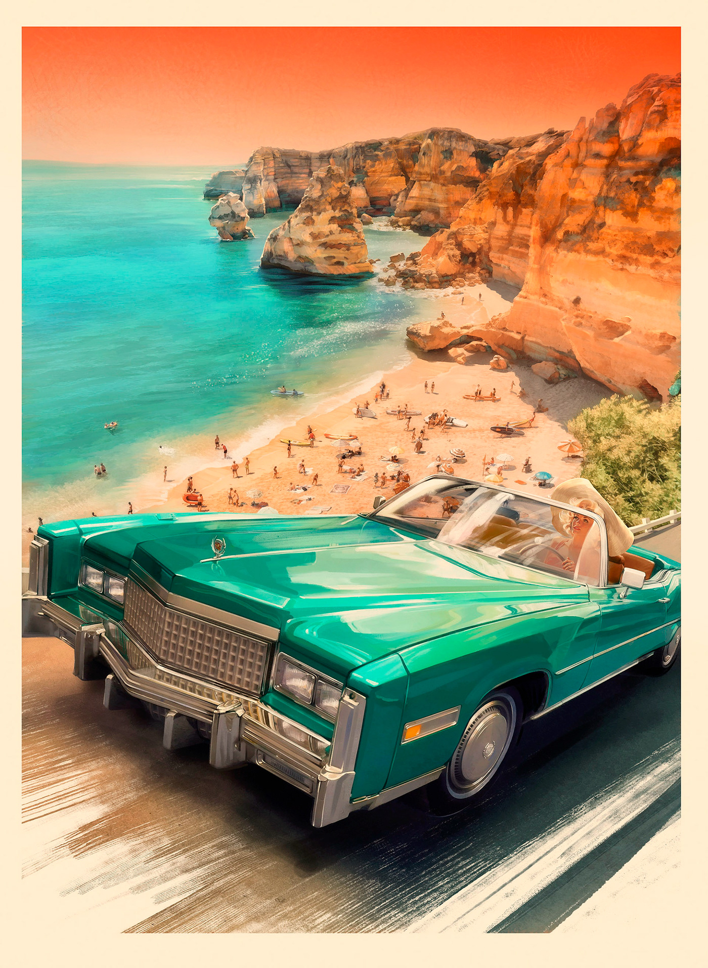 car Retro poster sea beach old school Travel trip vintage