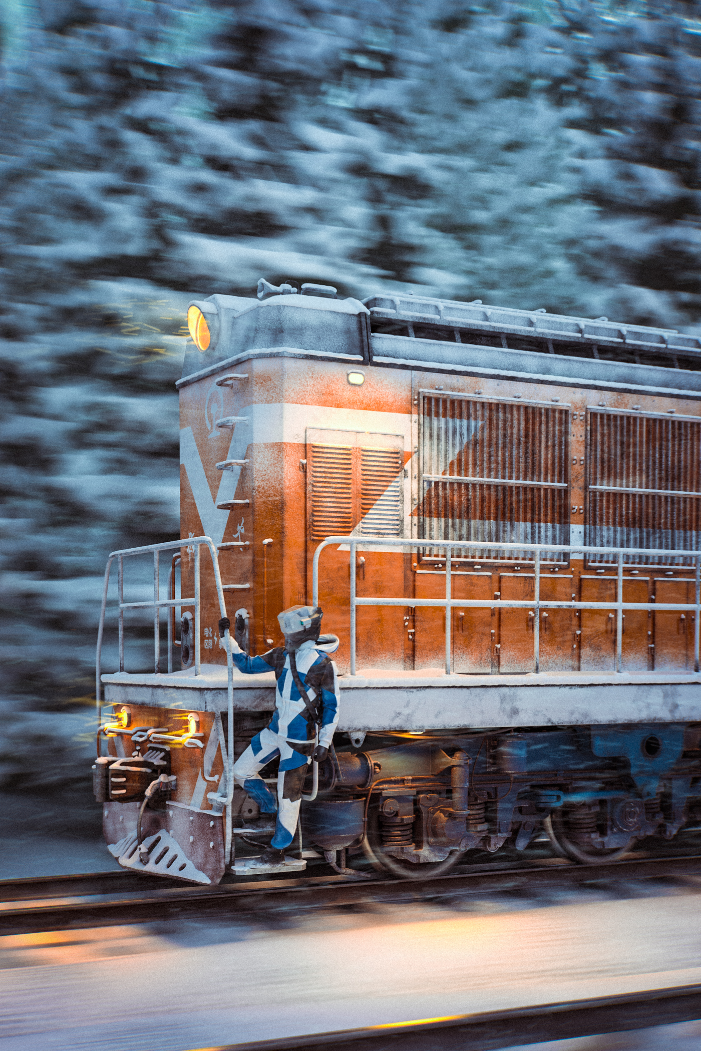 flame force 3D CG Cyberpunk Helmet locomotive train railway snow