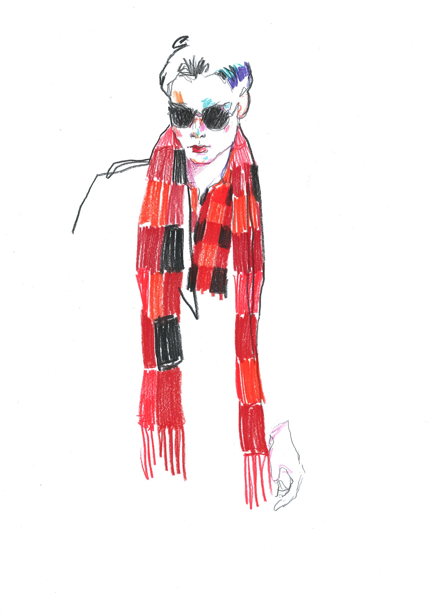 watercolor pencil Fashion  glamour Style malemodel Gress pattern girl posing