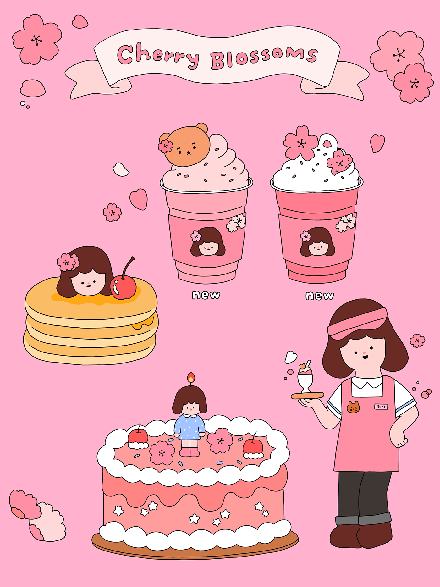 cafe Character design  Cherry Blossom Digital Art  Drawing  ILLUSTRATION  menu 벚꽃 일러스트 카페