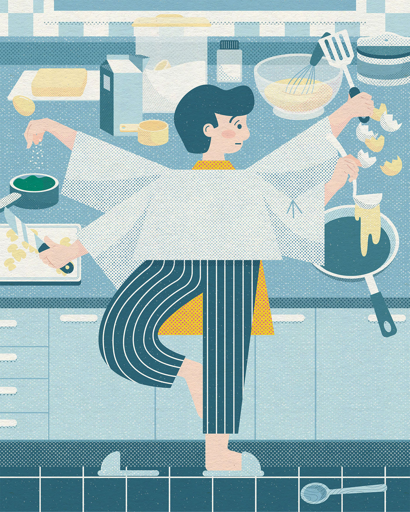 Illustrated recipe of a woman making crepes