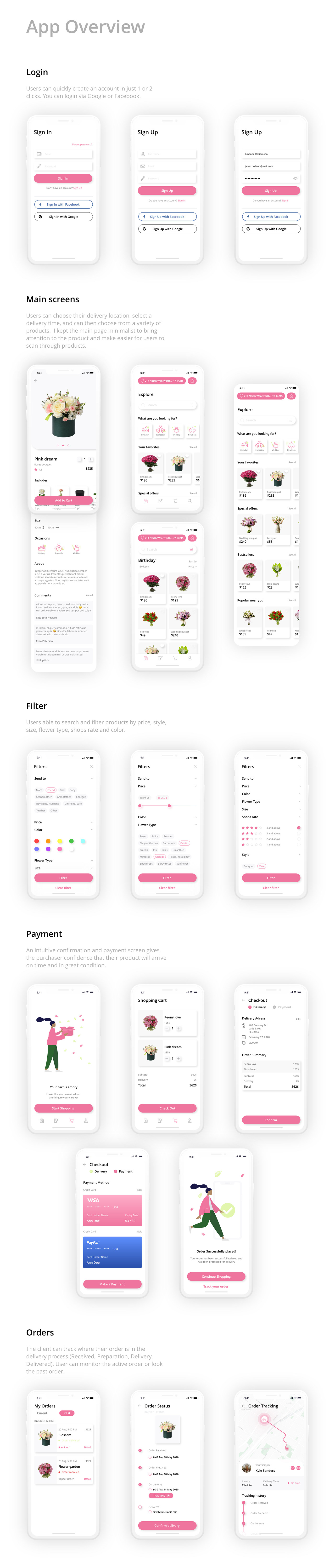 delivery flower delivery app UI ux minimalist pink green mobile app