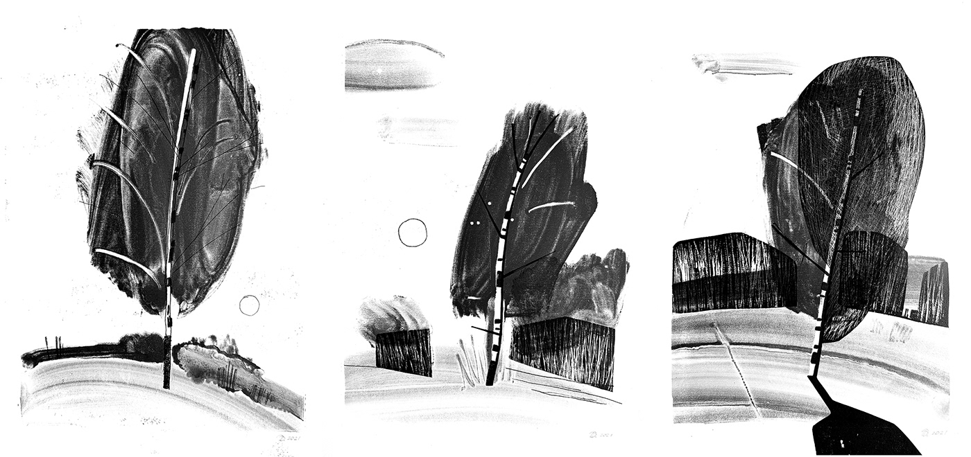 birch black and white bw handprint Landscape monochrome monotype print printmaking