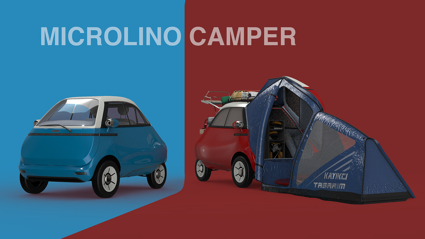 camp camper car design e-car isetta micro microlino Rhino tent
