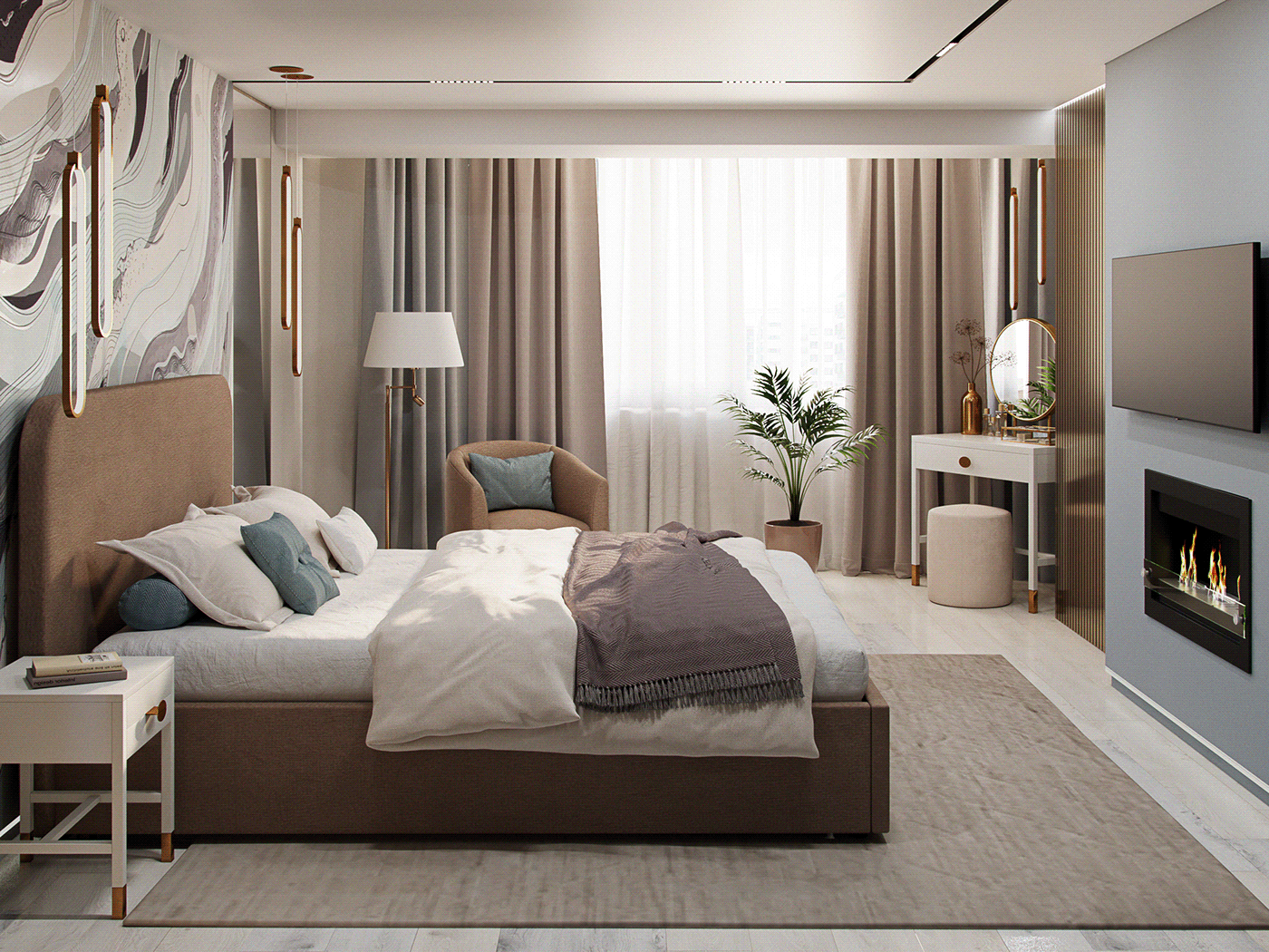 дизайн интерьера visualization визуализация спальня кровати мягкая мебель
